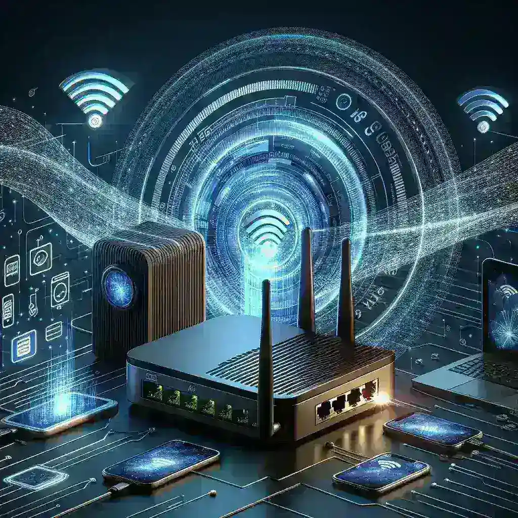 "Illustration of Wi-Fi 8 technology showcasing high-speed connectivity with a speedometer indicating 40 Gbps, highlighting its capability to reduce interference for enhanced wireless performance."