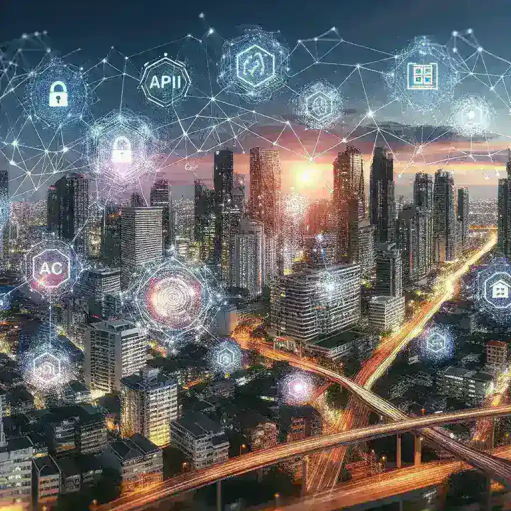 "Illustration of a modern Real Estate API interface showing data integration and property listings, symbolizing the transformation of property technology in the digital age."