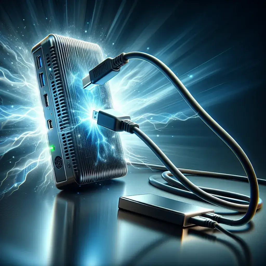 "Minix Elite Mini PC with USB Type-C cable showcasing power connection up to 100 watts, demonstrating compact design and versatility for modern computing setups."